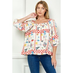 Colorful Print Blouse with 3/4 Puff Sleeves